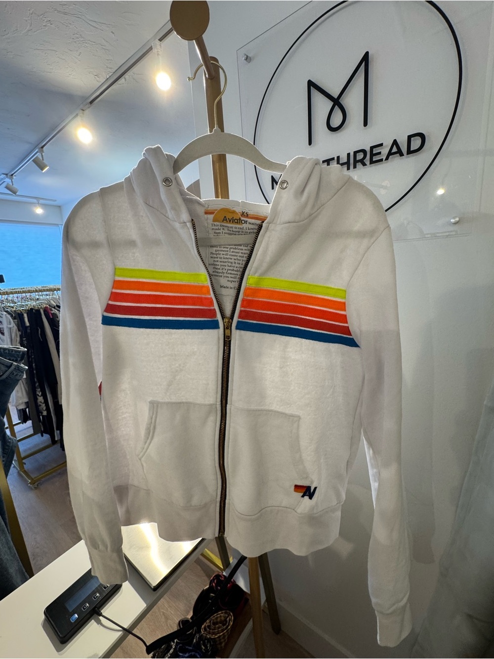 Aviator Nation White Hoodie with Rainbow Stripe Accents Size XS Fair Condition - Picture 4 of 9